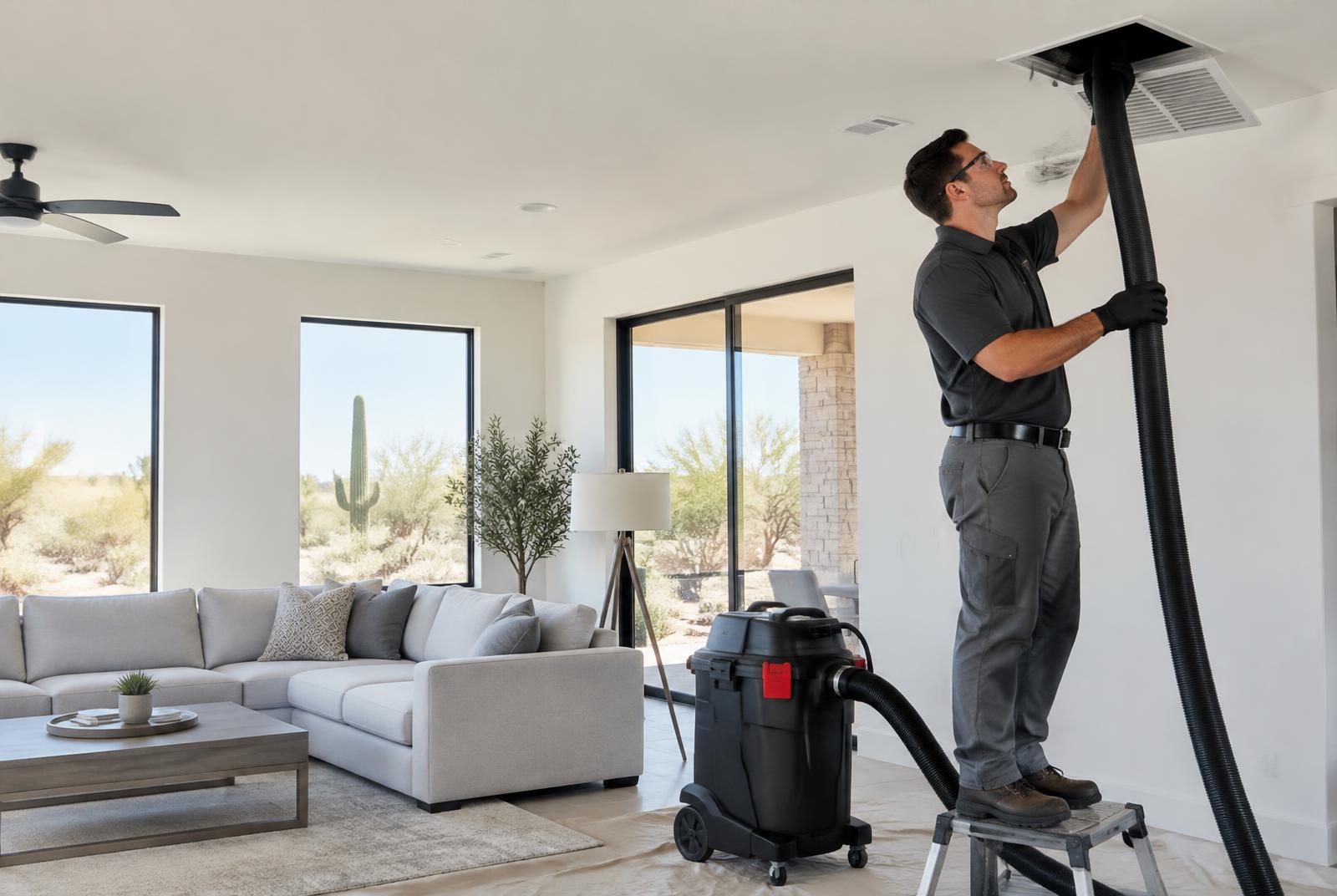 Professional technician cleaning a ceiling air duct inside an Arizona home